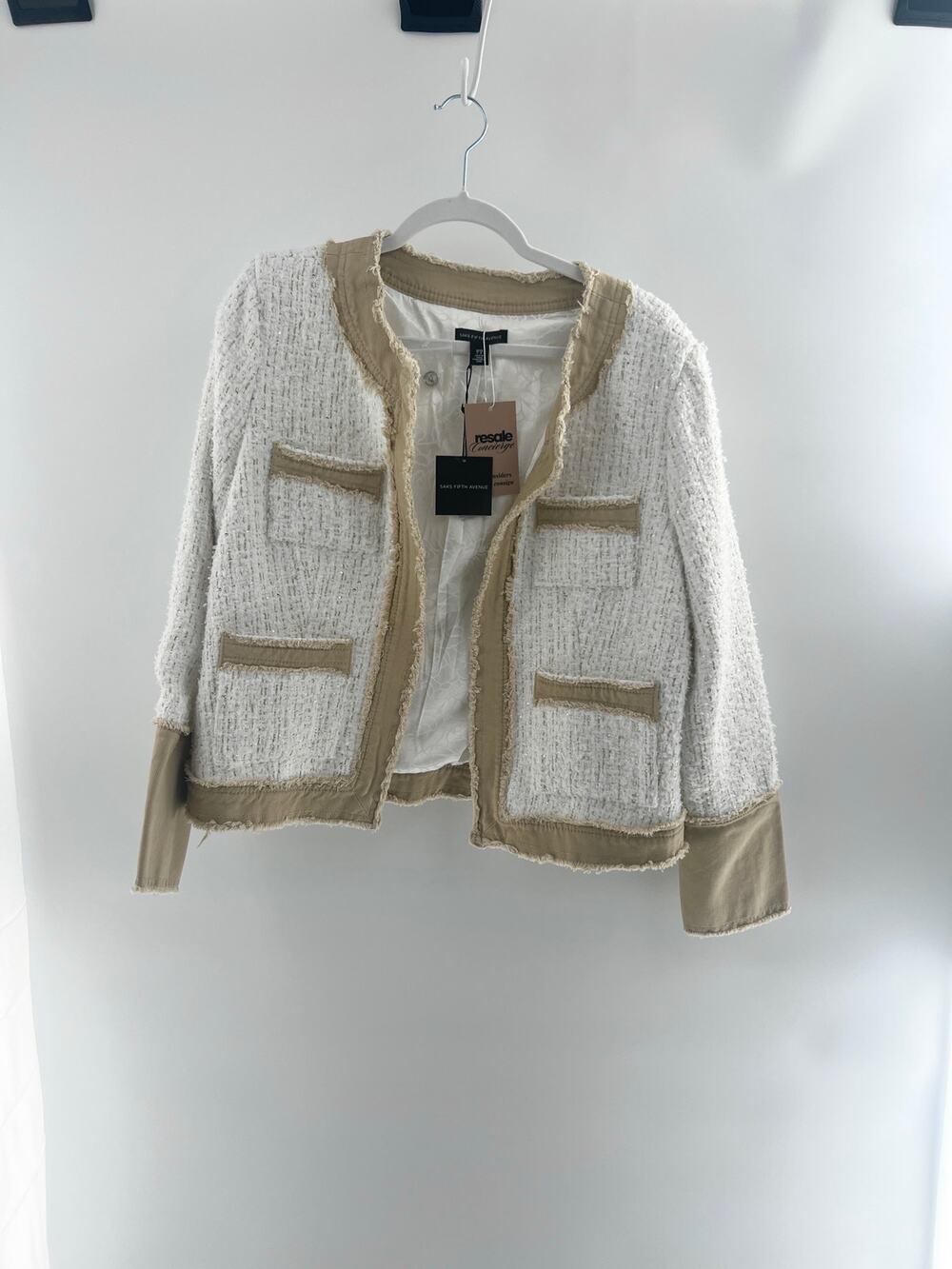 NWT Saks 5th Avenue Open Front Tweed Jacket with Canvas Detail Cream Beige Large